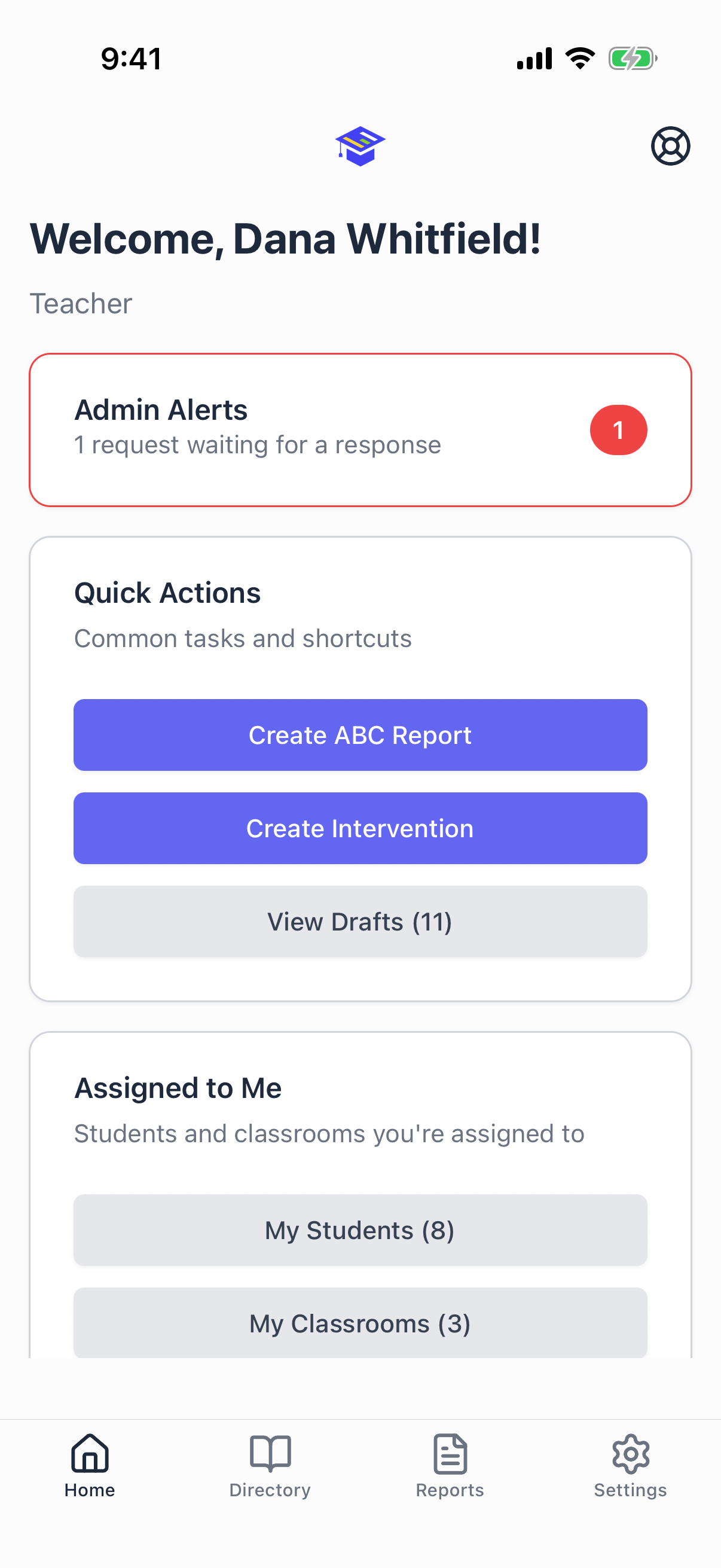 The admin alerts card on the home screen