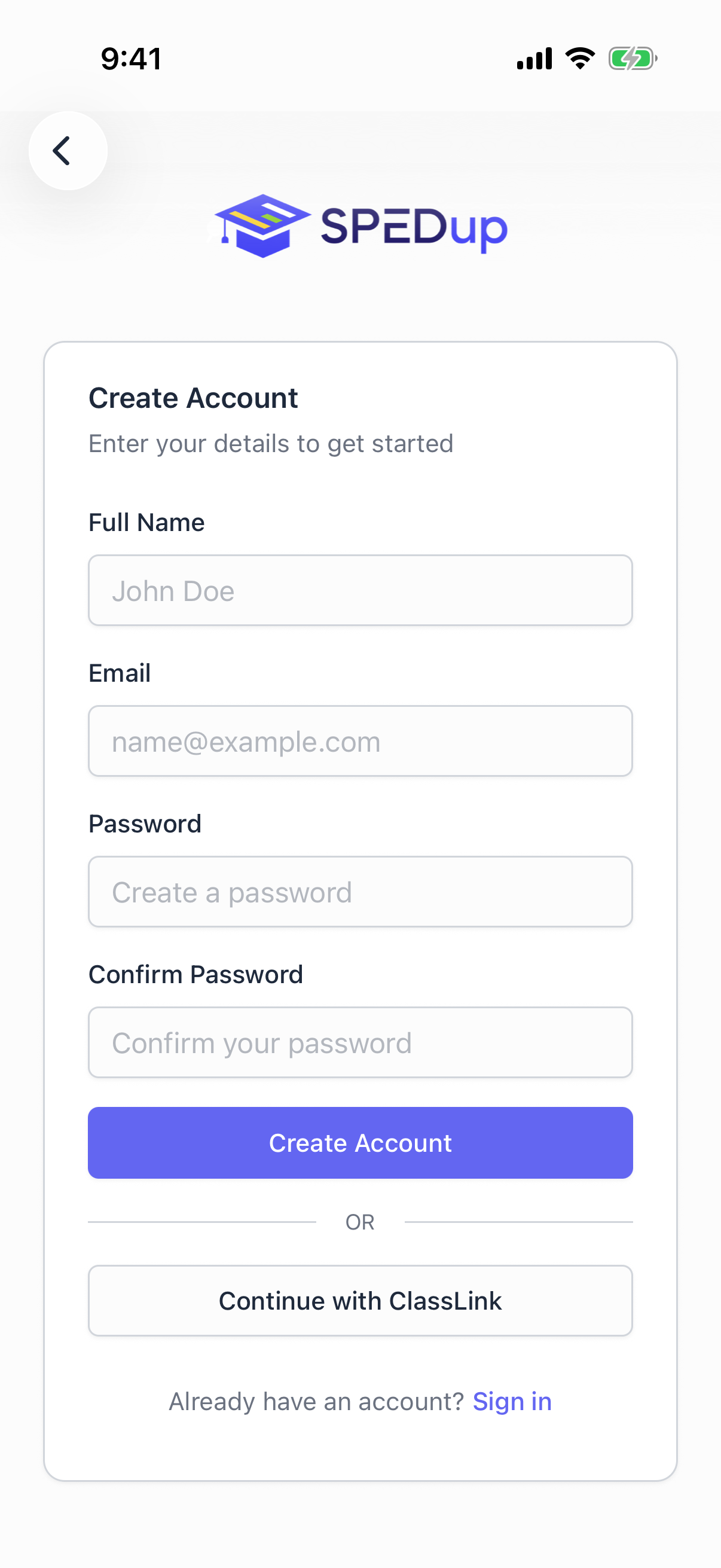Registration screen on the mobile app