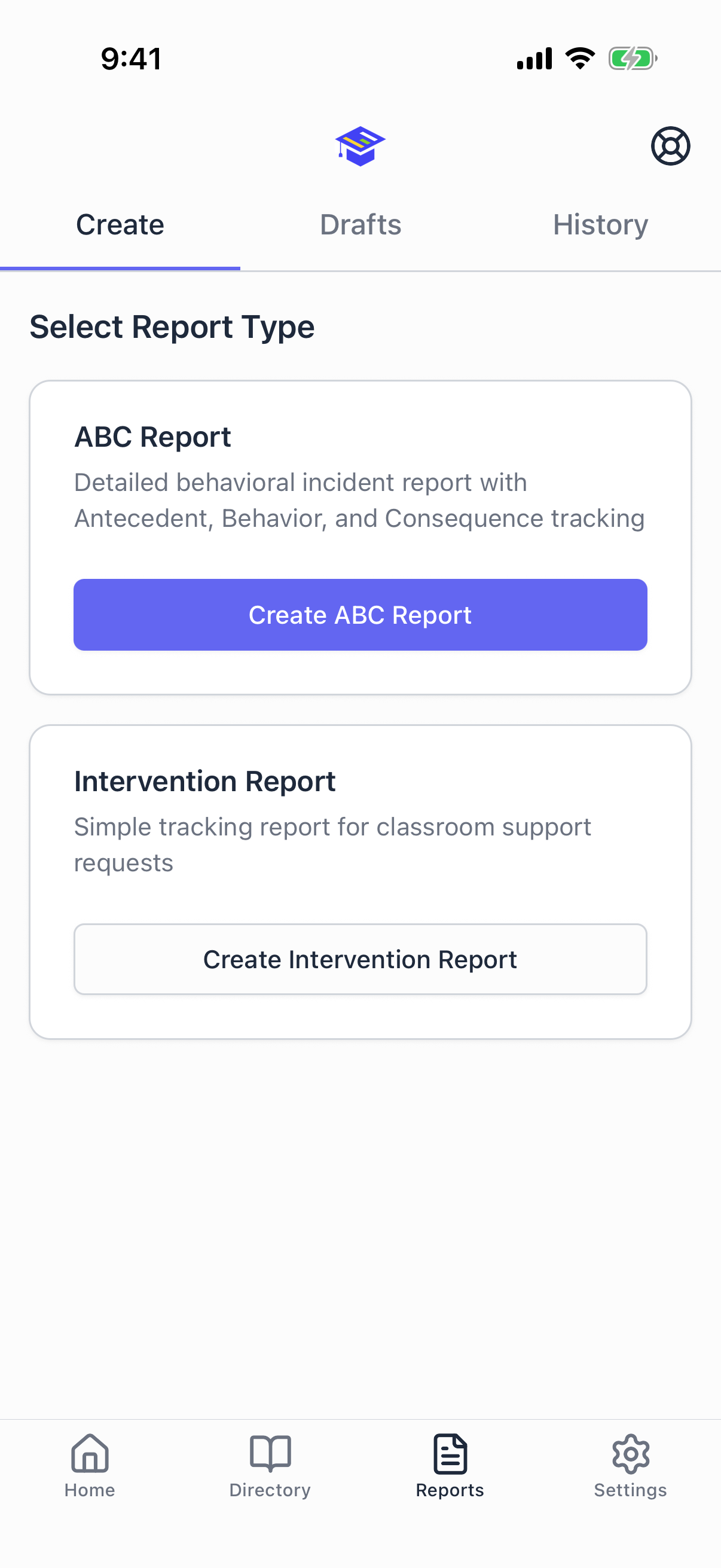 Reports tab, create screen