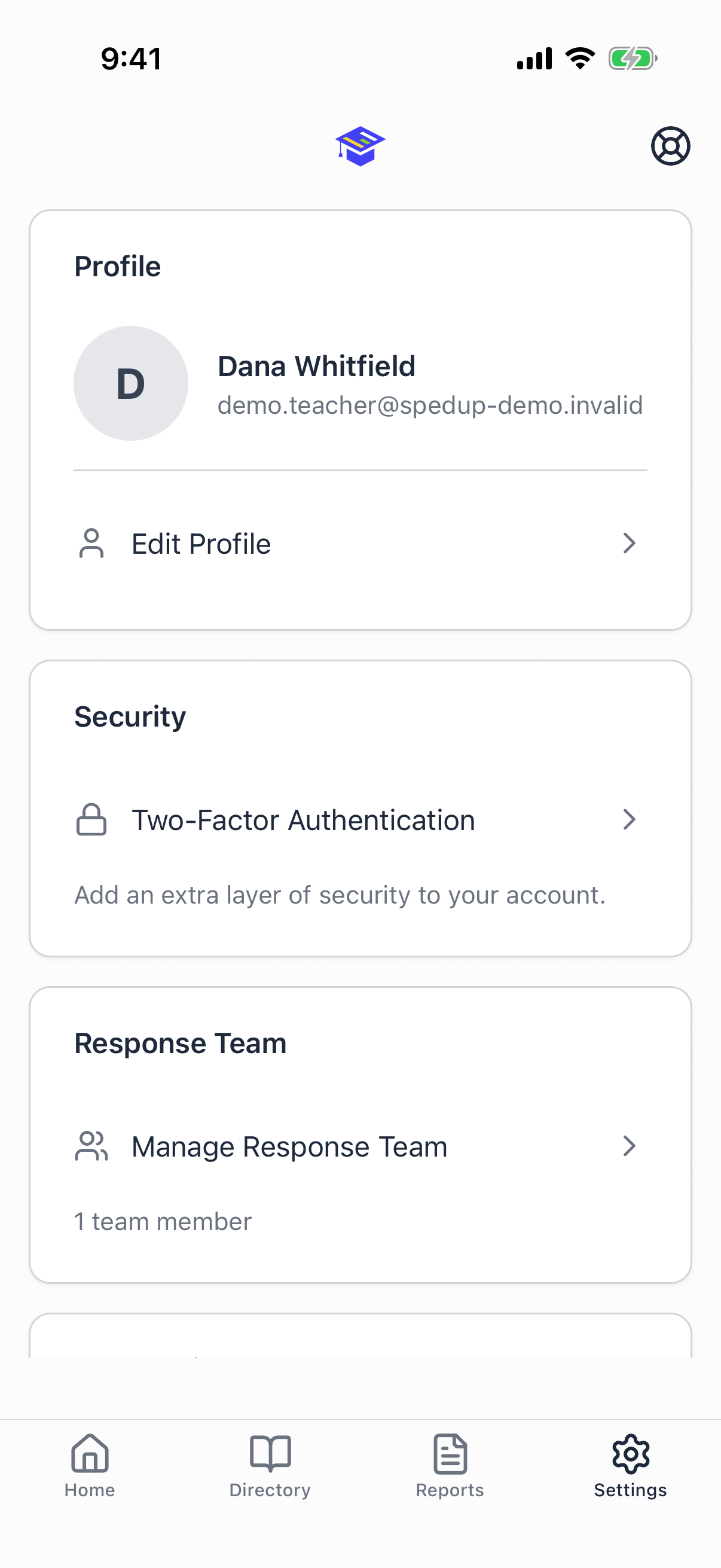 The settings screen