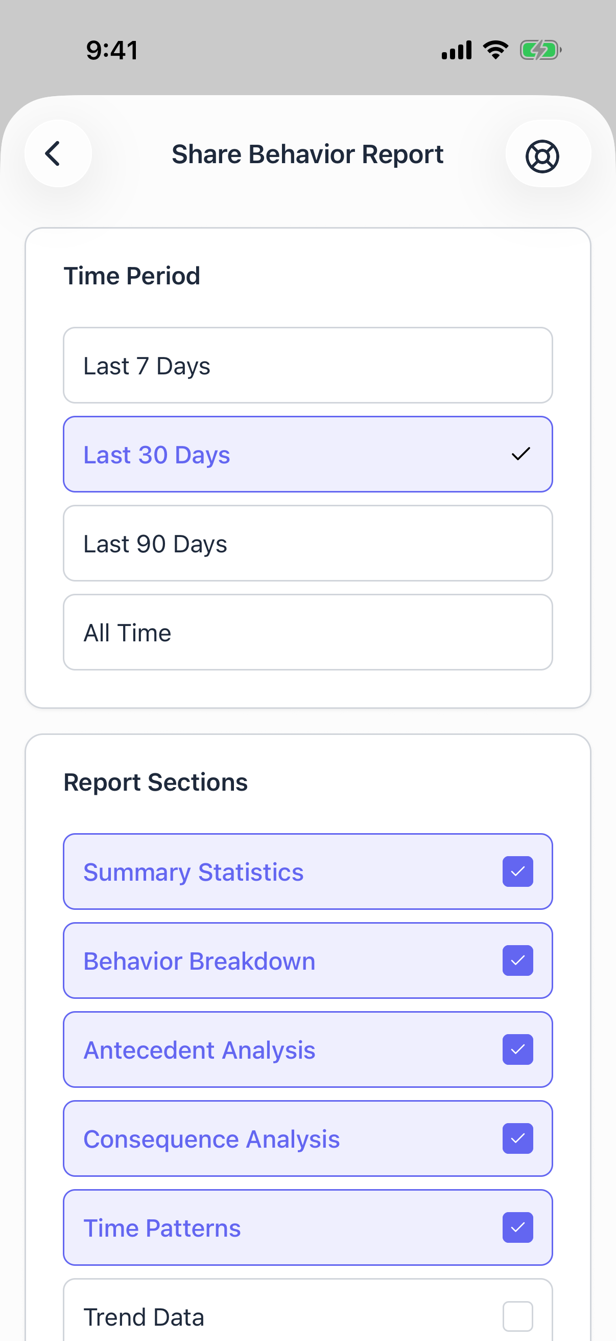 The share behavior report screen