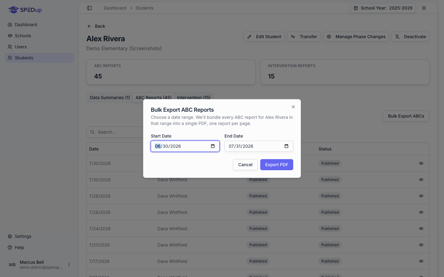 The bulk export dialog