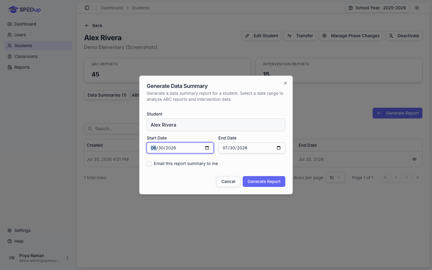 The generate data summary dialog