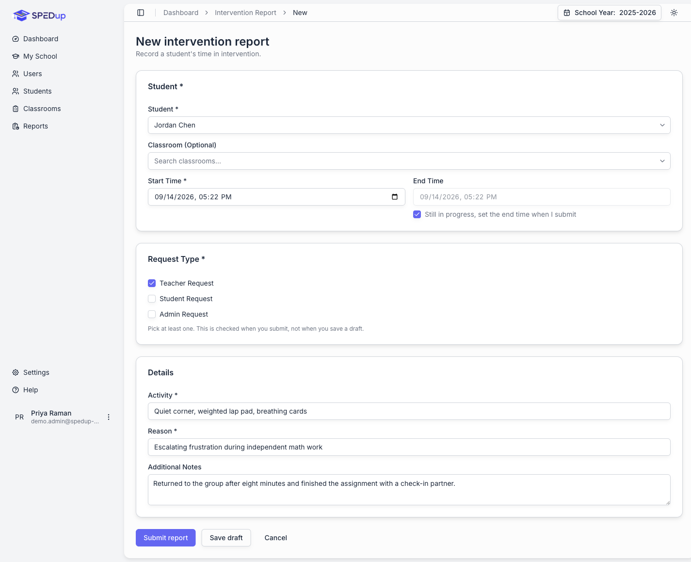 The intervention report form