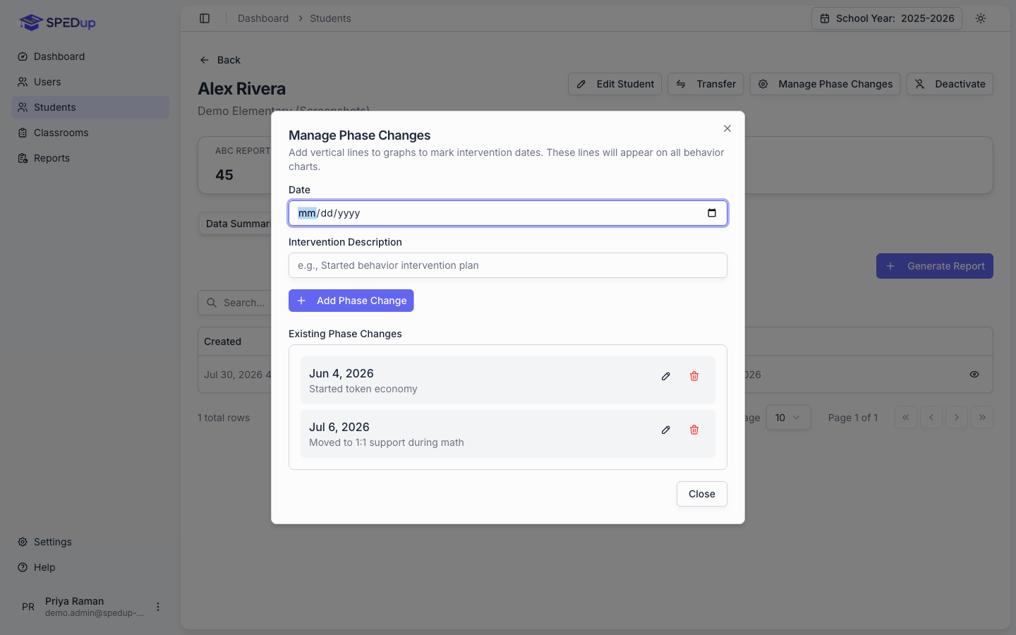 The manage phase changes dialog