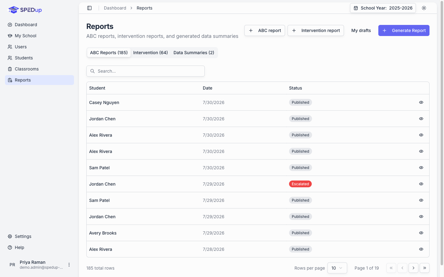 Report actions on the Reports page