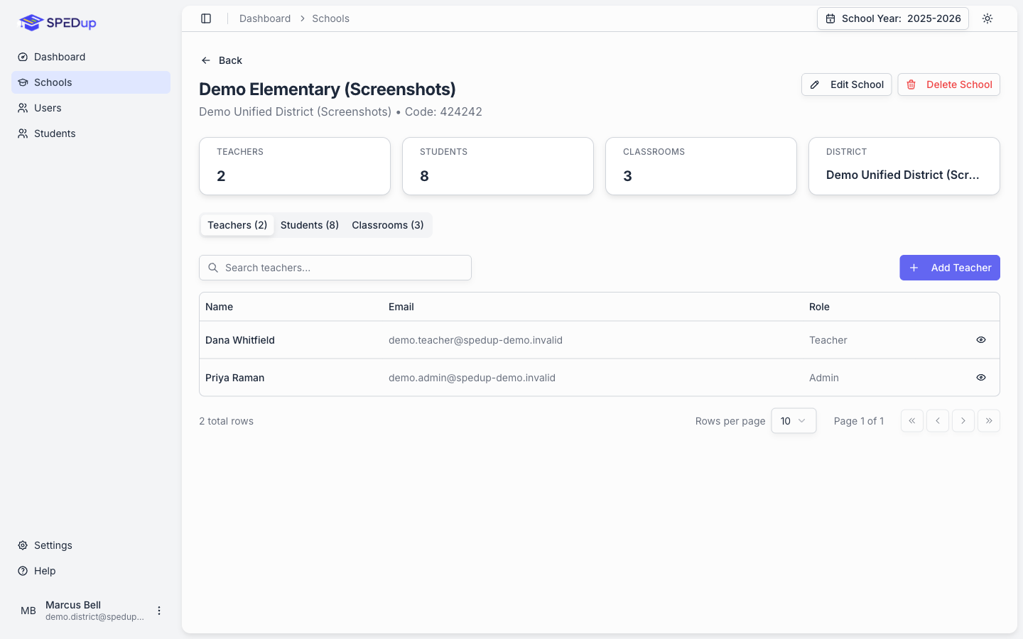 School profile showing the school code
