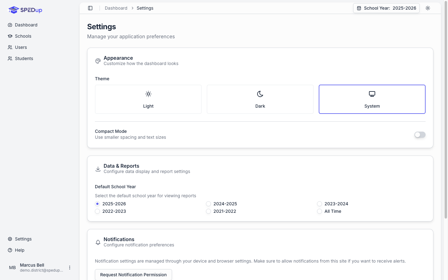 The settings page